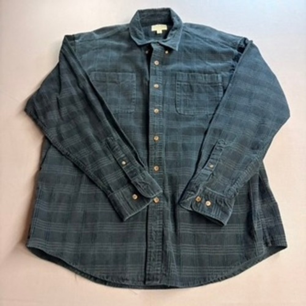 Cabelas Mens XL Tall Corduroy Button Down Shirt Plaid Long Sleeve Green Cotton